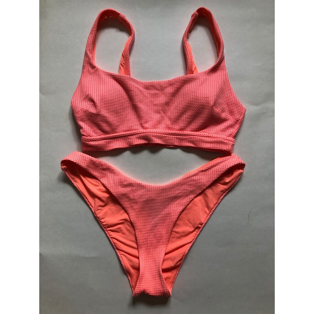 Aerie Waffle Banded Wide Strap Scoop Bikini Top & Cheekier Bikini Bottom Coral M
